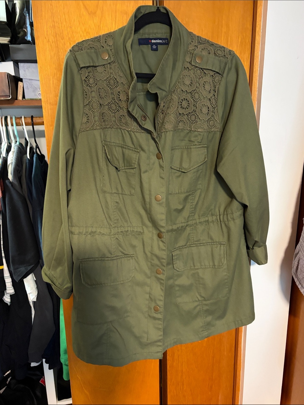 Denim&Co Olive Utility Jacket with Lace Yoke Detail